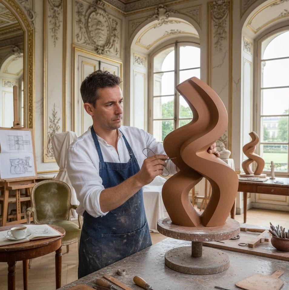 Escultura minimalista en resina blanca con detalles metálicos