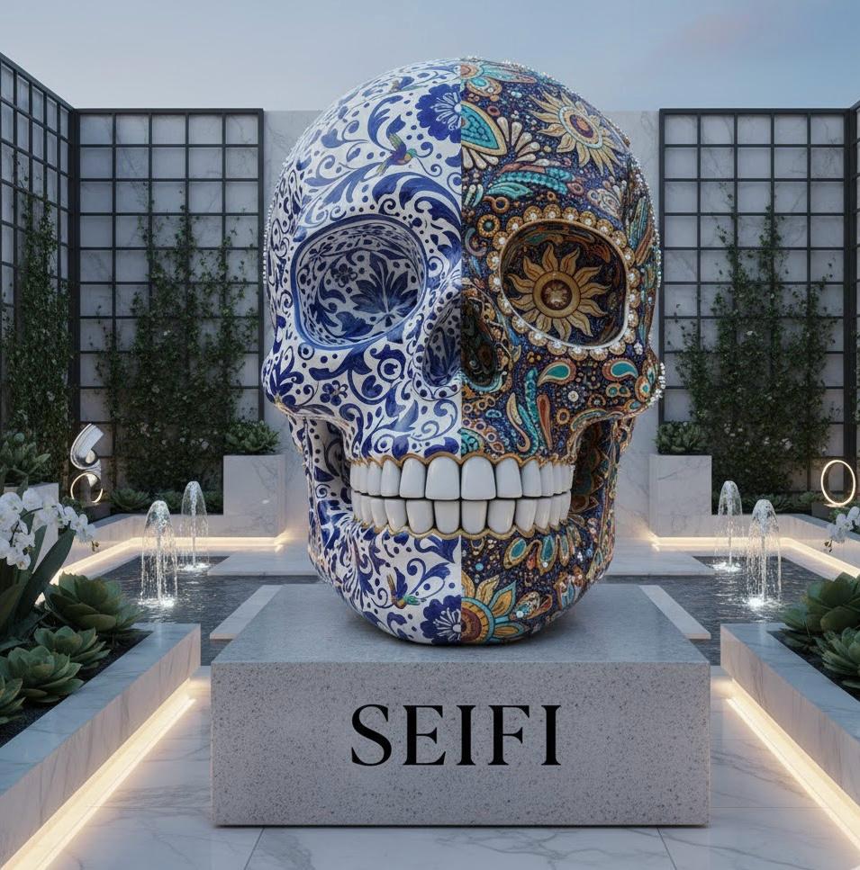 Escultura abstracta de metal dorado en sala de exhibición